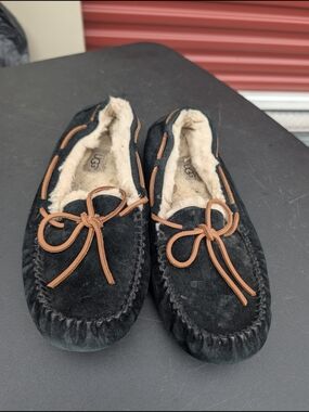 UGG Black Suede Shearling Moccasin Slippers with Chestnut Trim